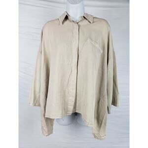 Luukaa‎ Tan Collared Long Sleeve Button Up Asymmetrical Shirt w/Pocket